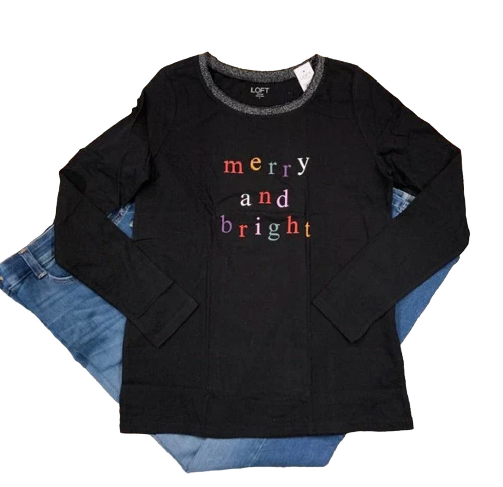 **NWT LOFT Black W/Christmas Merry and Bright Graphic Long Sleeve Tee - SIZE XS